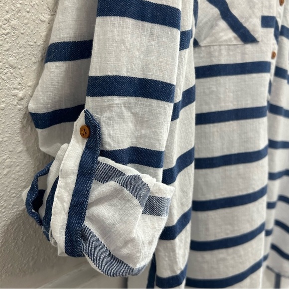 Tribal White and Blue Stripe Cotton 3/4 Sleeve Tab Half Button Down Top Size L - Picture 6 of 8